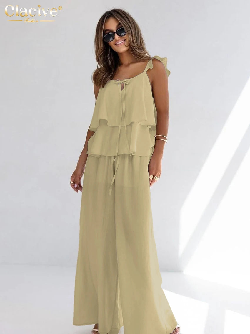 Clacive White Cotton Sleeveless Two Piece Set High Waist