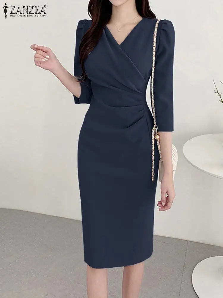 Elegant Knee Length V Neck Dress With Three Quarter Sleeves
