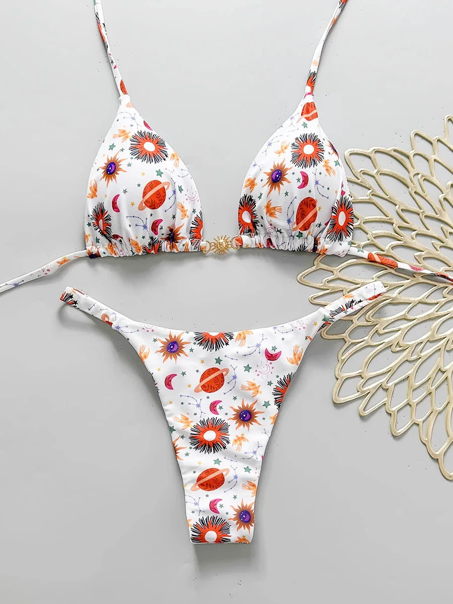 2025 Sexy Retro Print Micro Bikini Lace Up Backless Women