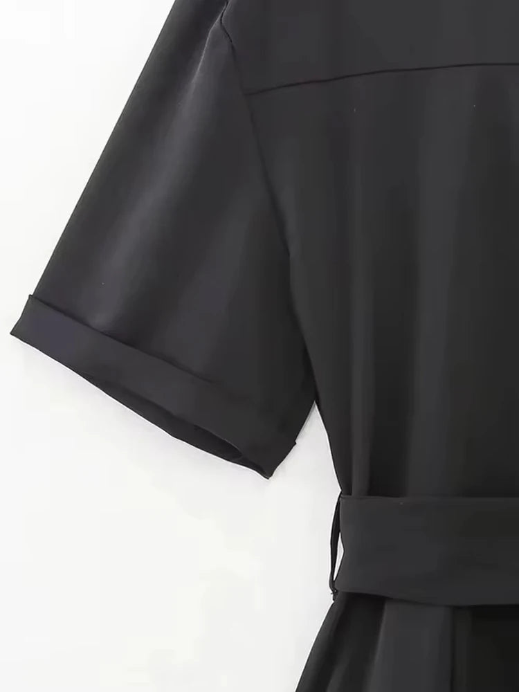 Womens Belted Front Zip Jumpsuit Short Sleeve Pockets