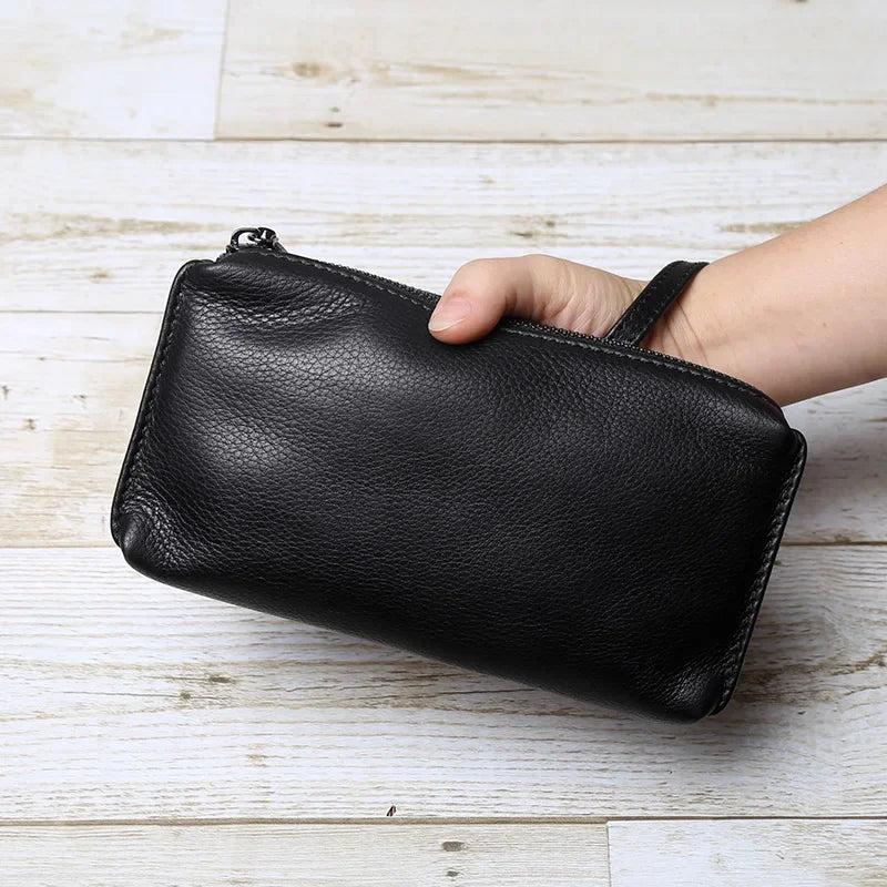 Mens Leather Handbag Retro Wallet With Zippered Capacity