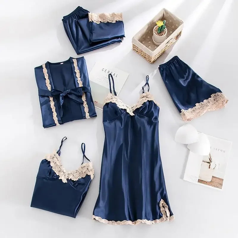 Five Piece Lace Satin Pajamas Set With V Neck For Women