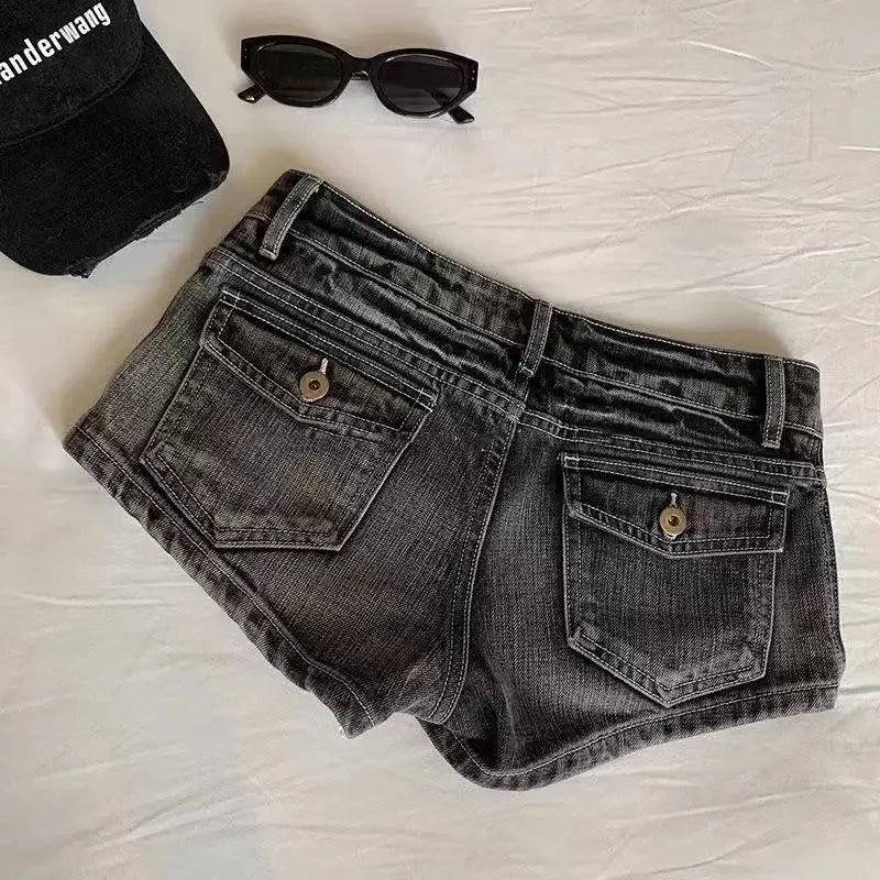 Women Y2K Summer Denim Mini Shorts Low Rise Button Vintage