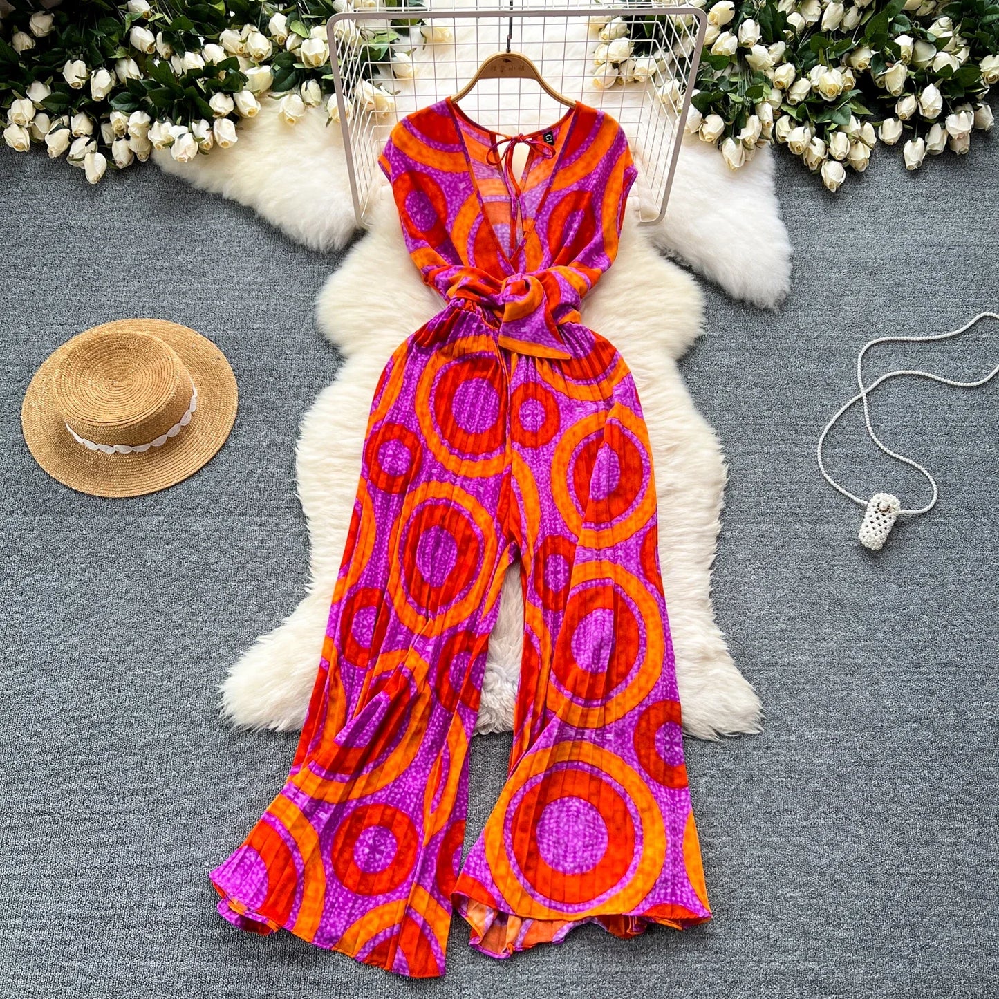 Summer Abstract Print Jumpsuit Wide Leg V Neck Women