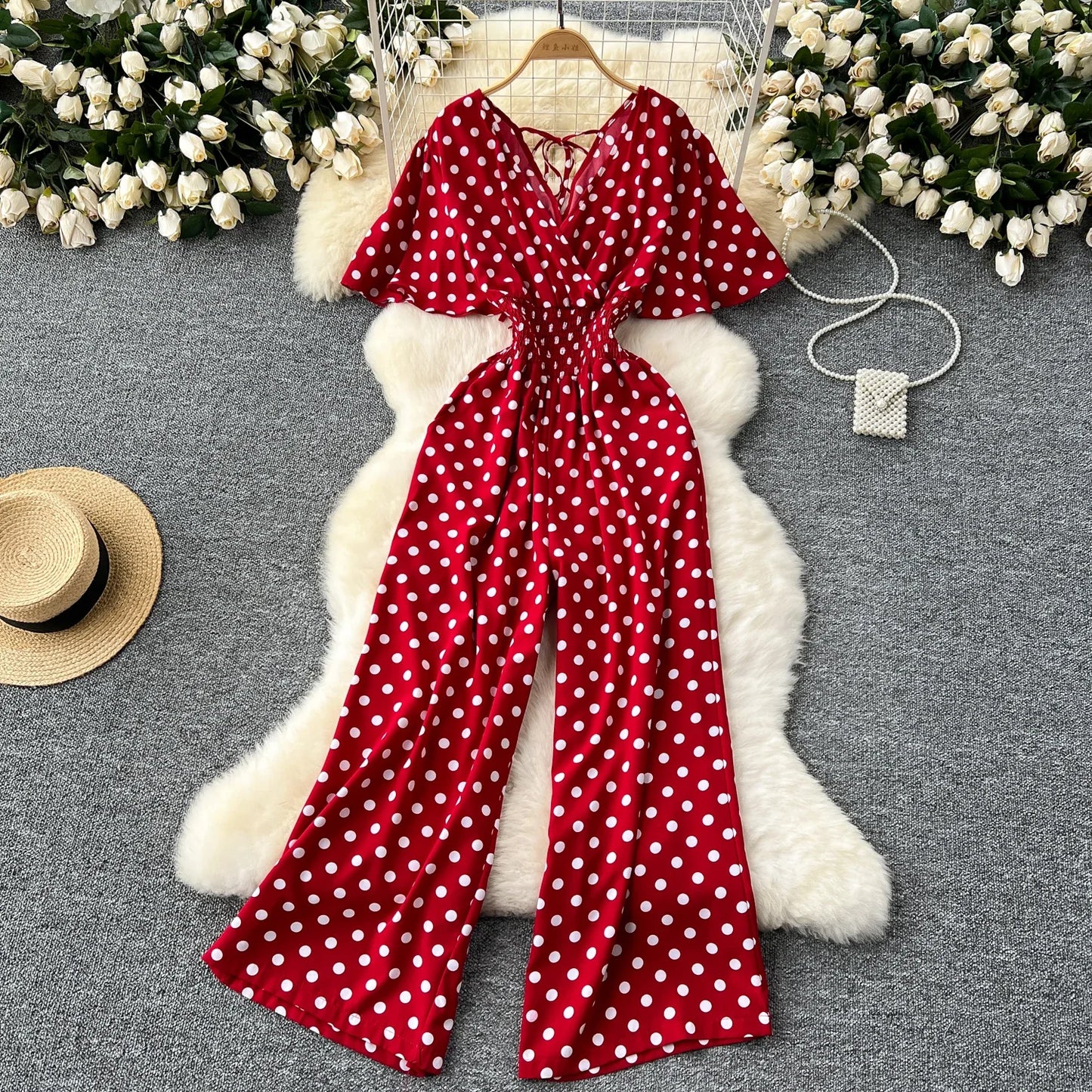 Polka Dot Women Romper V Neck High Waist Wide Leg Jumpsuit