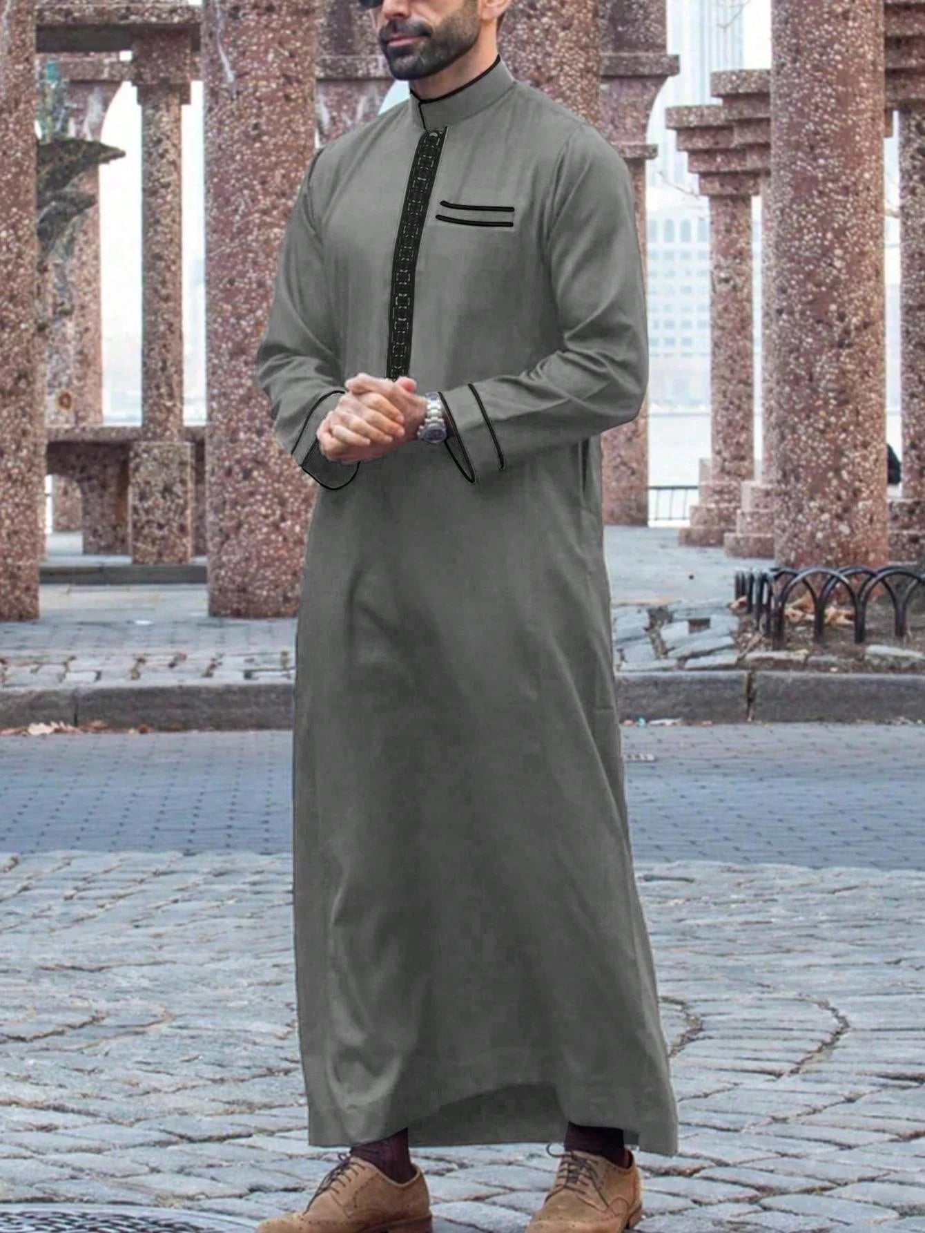 Embroidered Arabic Thobe For Men Stand Collar Elegant Robe