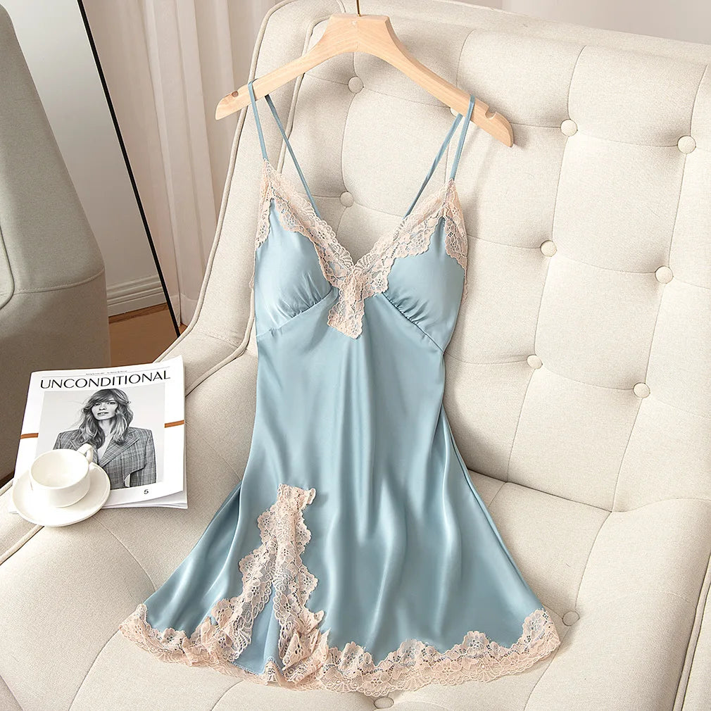 Satin Spaghetti Strap Nightgown Women V Neck Sleep Dress