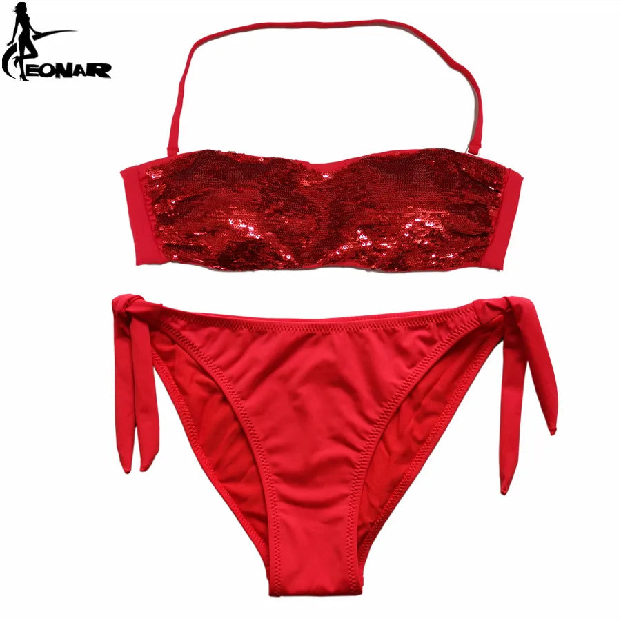 EONAR Sewn Sequin Bikini Set Low Waist Brazilian Cut