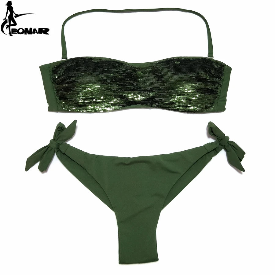EONAR Sewn Sequin Bikini Set Low Waist Brazilian Cut