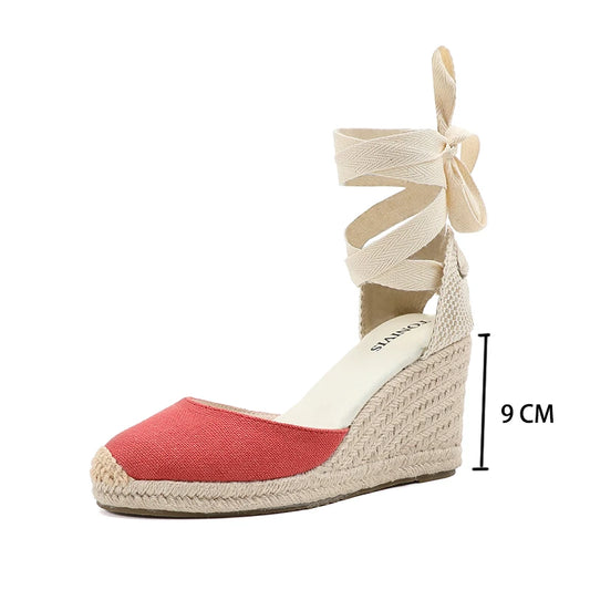 Womens Wedges Espadrille Sandals Red Ankle Strap 7-9cm