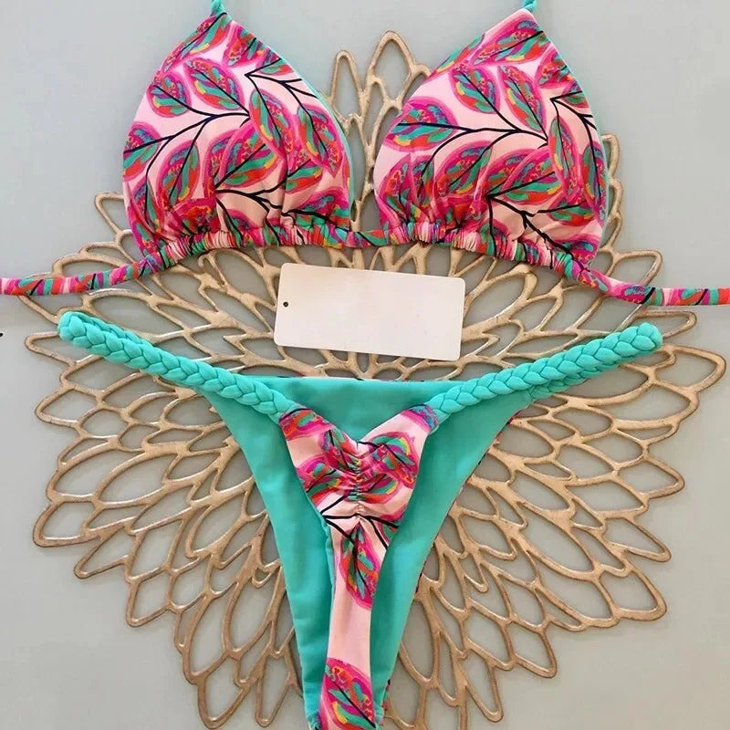 Womens Bikini Split Print Swimwear G String Beach Holiday