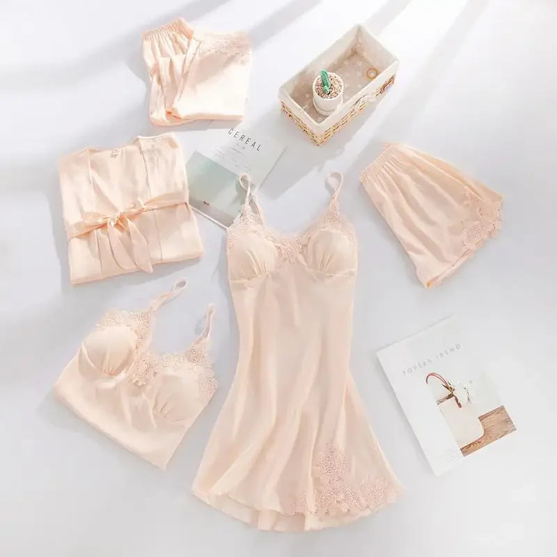 Five Piece Lace Satin Pajamas Set With V Neck For Women