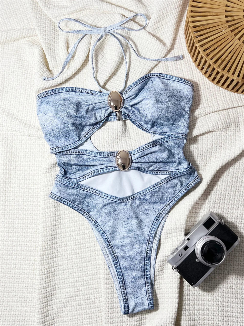 Hollow Out Twist Bikini Denim Print Halter Bandeau Swimsuit