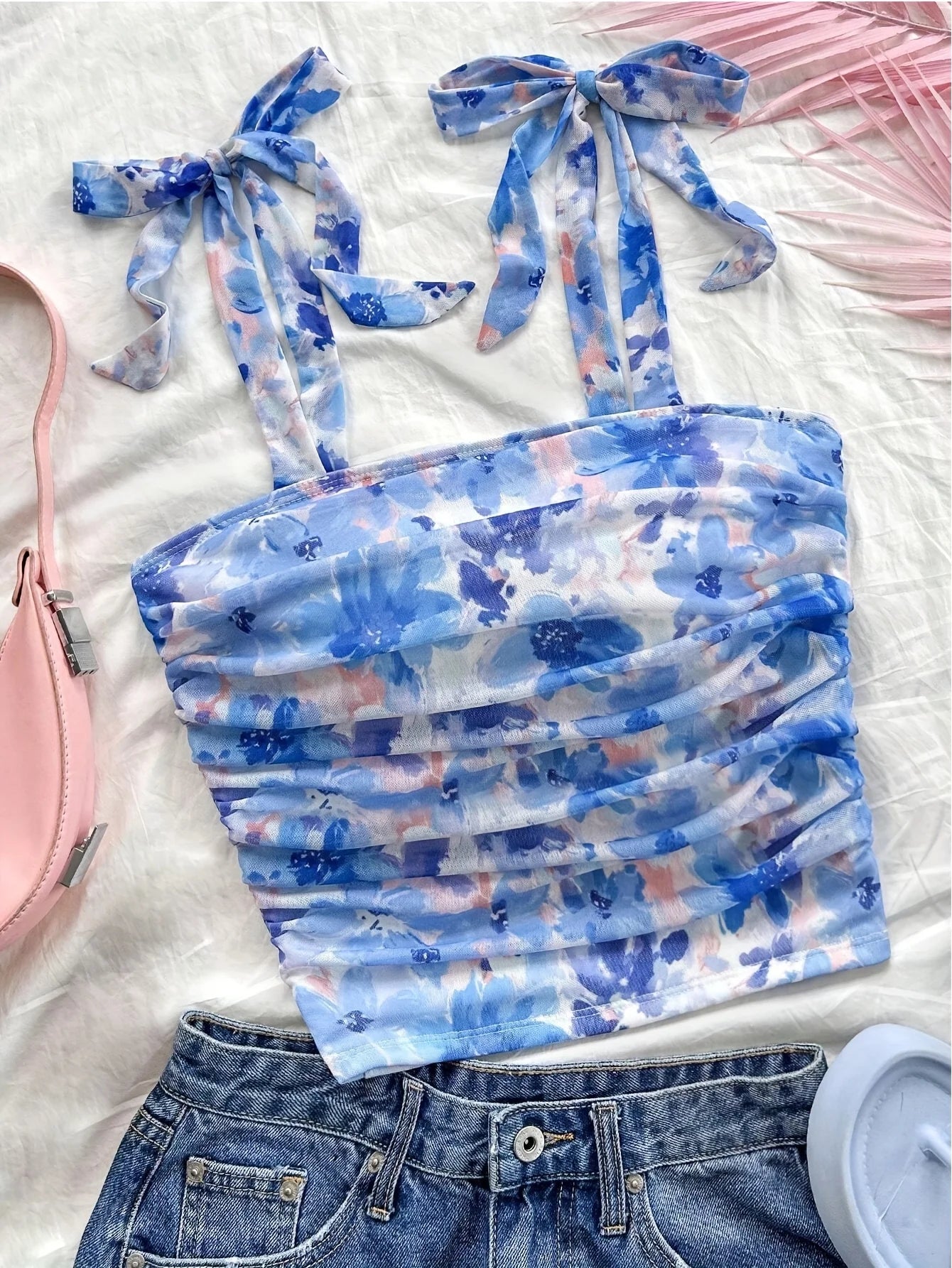 Solid Tie Shoulder Ruched Wide Strap Crop Top Pink Cami