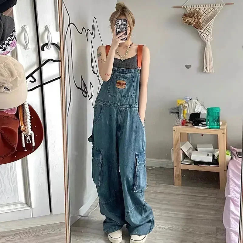 Cool Girl Embroidered Denim Strap Jumpsuit For Women Retro
