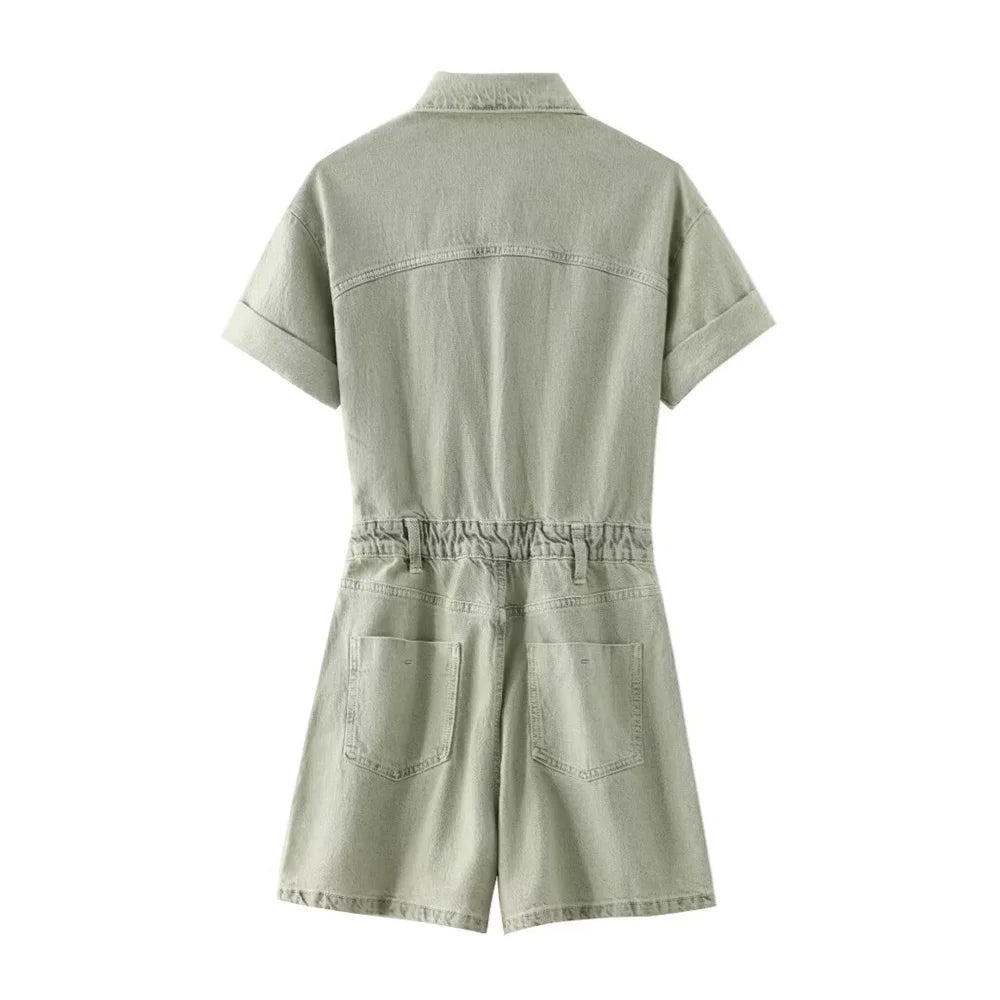 ZARF women's short slimming denim jumpsuit with pocket buckle decoration for spring and summer new casual women's wear
