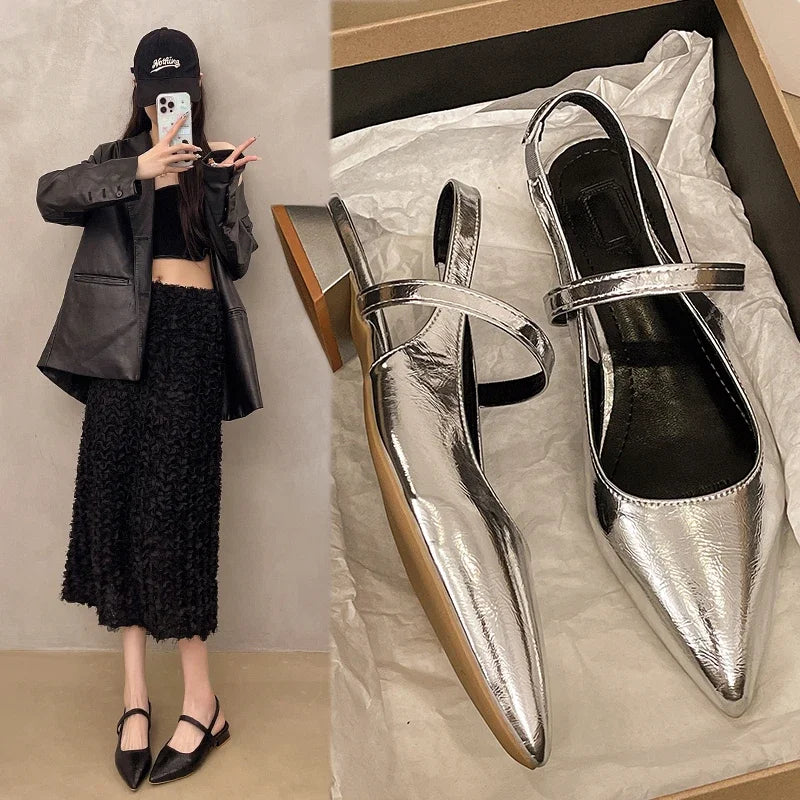 Women Patent Leather One Line Buckle Strap Cat Heel Sandals