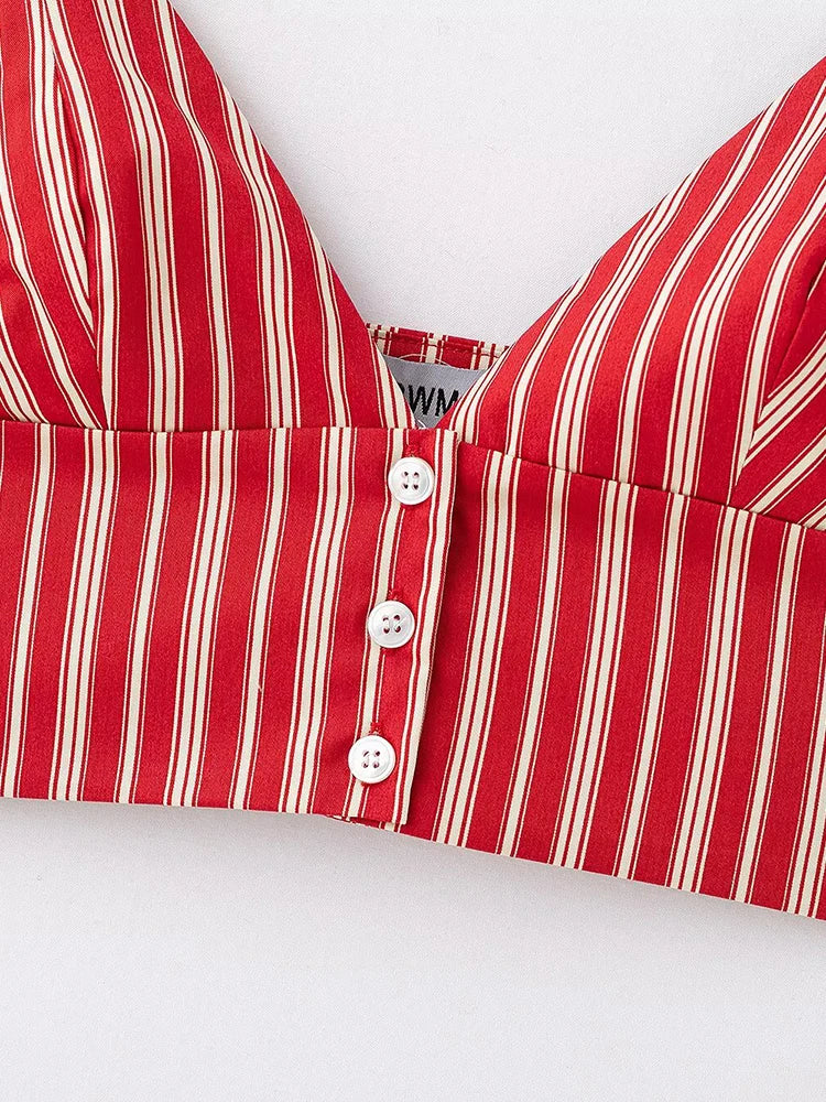 Striped Backless Blouse And Side Zip Mini Skirt Set