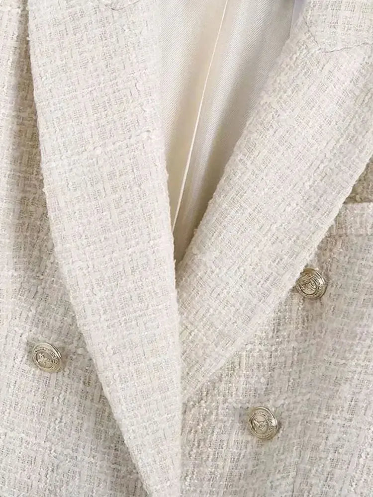 Tweed Double Breasted Blazer Coat Women Vintage Outerwear