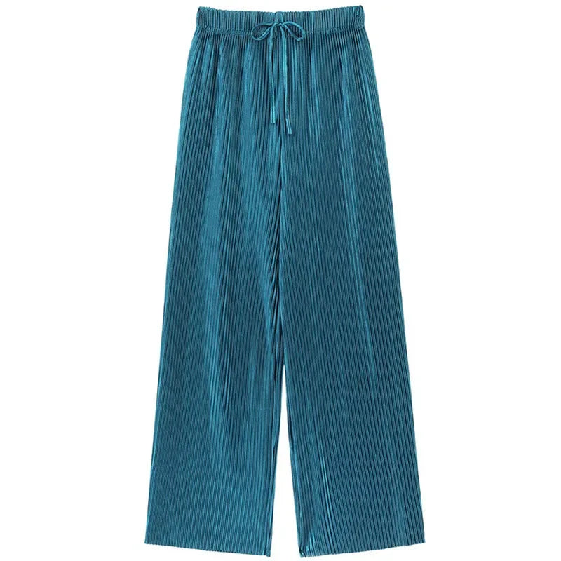 Women Wide Leg Pleated Ice Silk Pants Elastic Waist