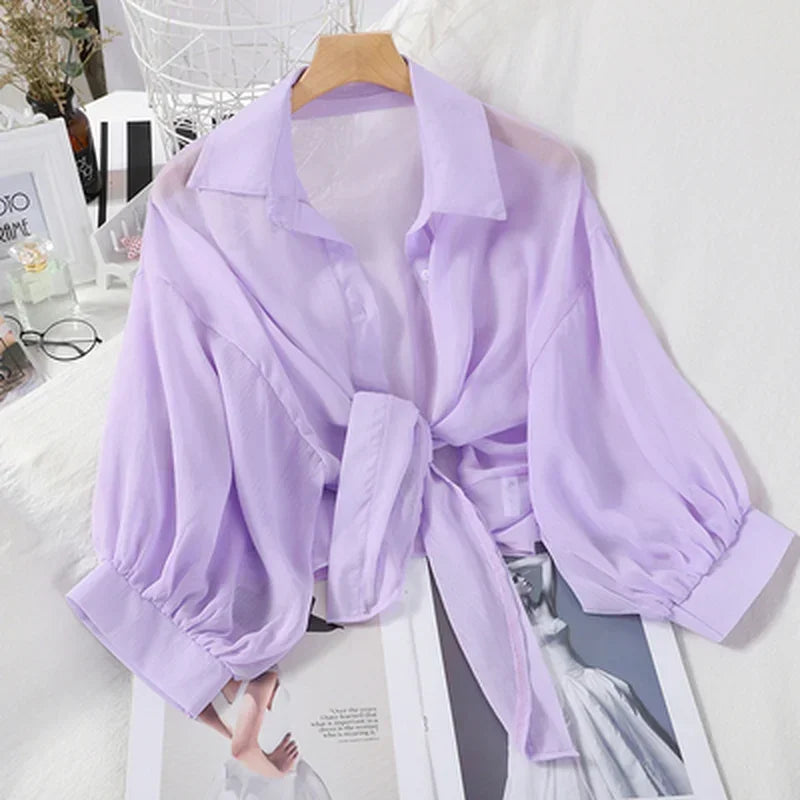 Casual White Chiffon Blouse Tie Waist Bat Sleeve Shirt