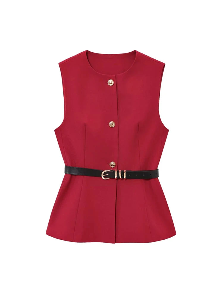 Women Long Waistcoat With Belt O Neck Vest Gold Button