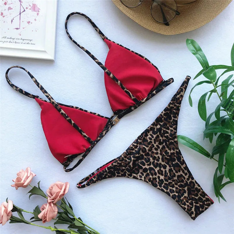Women Leopard Print Bikini Set Bandage Padded Swimsuit