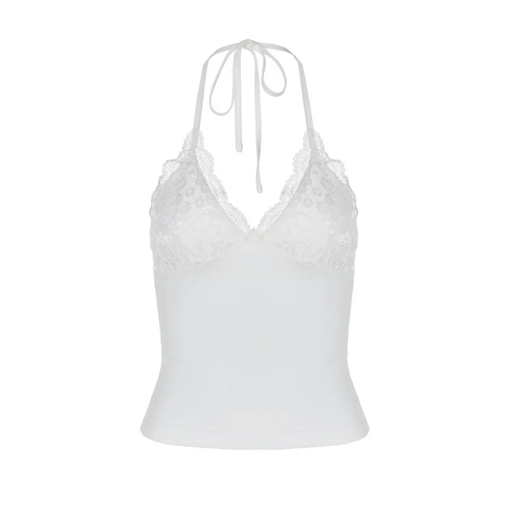 Black Lace Patchwork Halter Backless Sleeveless Top