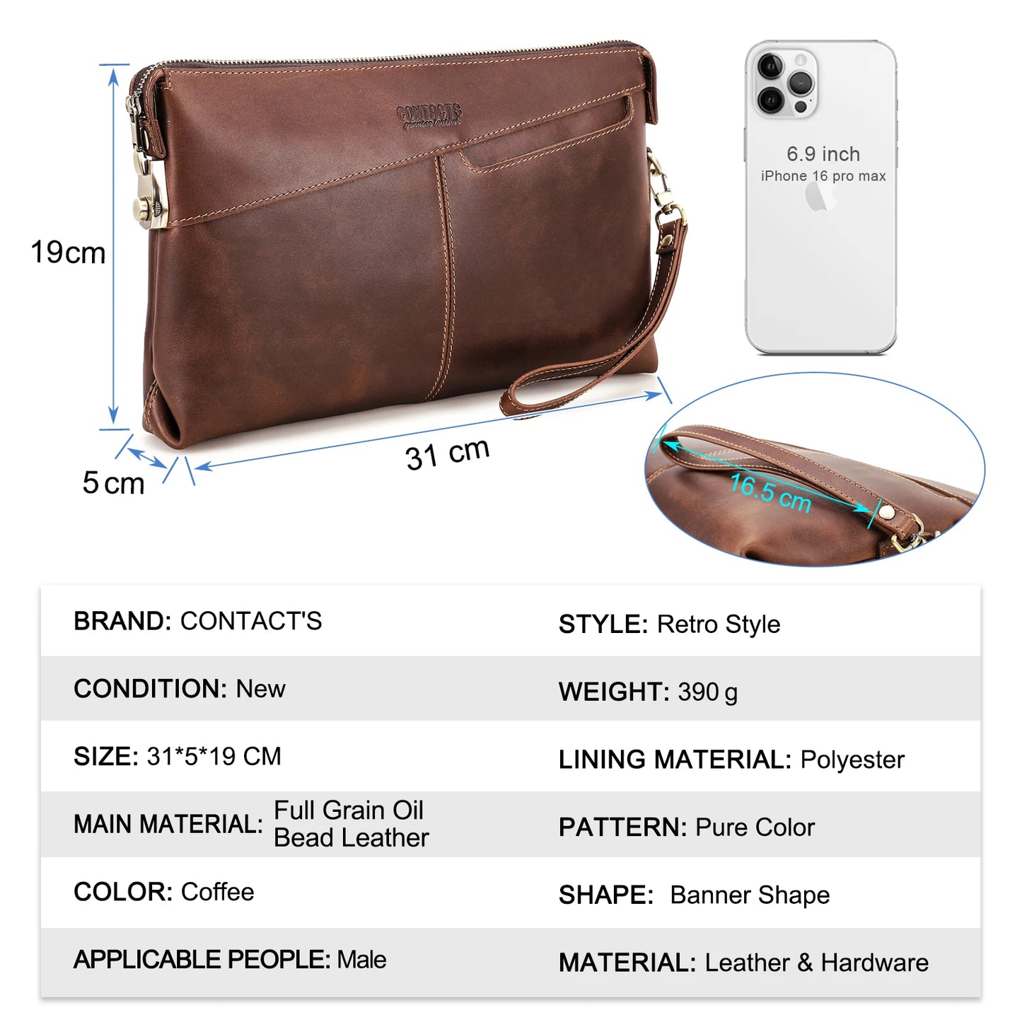 Contacts Genuine Leather Clutch Bag For Men Password Lock