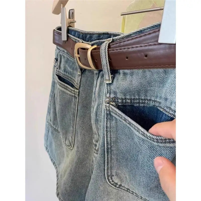 Plus Size High Waist Wide Leg Jeans Women Blue Denim Retro