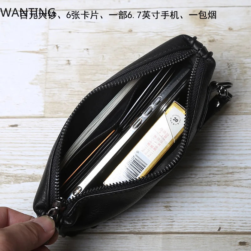 Mens Leather Handbag Retro Wallet With Zippered Capacity