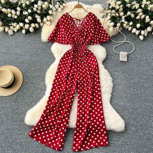 Polka Dot Women Romper V Neck High Waist Wide Leg Jumpsuit