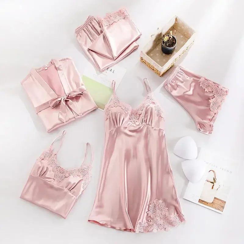 Five Piece Lace Satin Pajamas Set With V Neck For Women