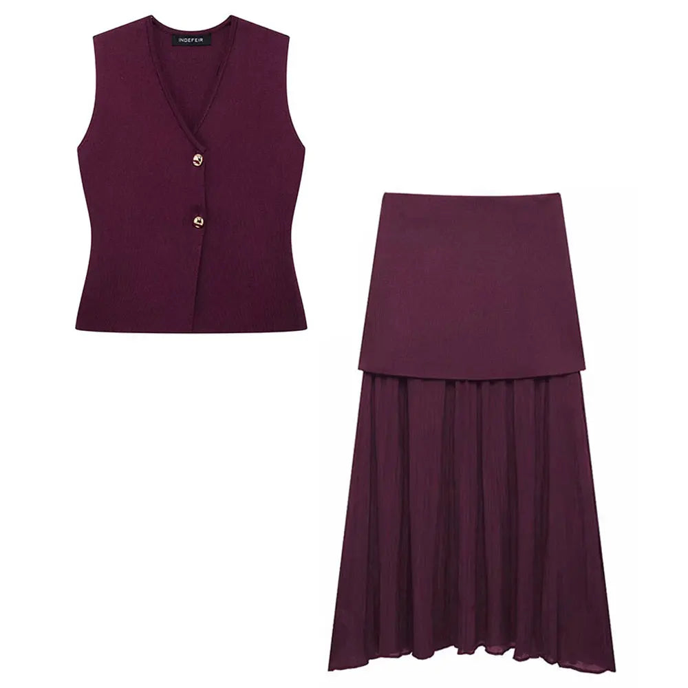 TRAFZA 2025 Women Skirt Set Wine Red Knitted V-Neck Sleeveless Slim Vest +Solid High Waist Zipper Patchwork Long Skirt Street