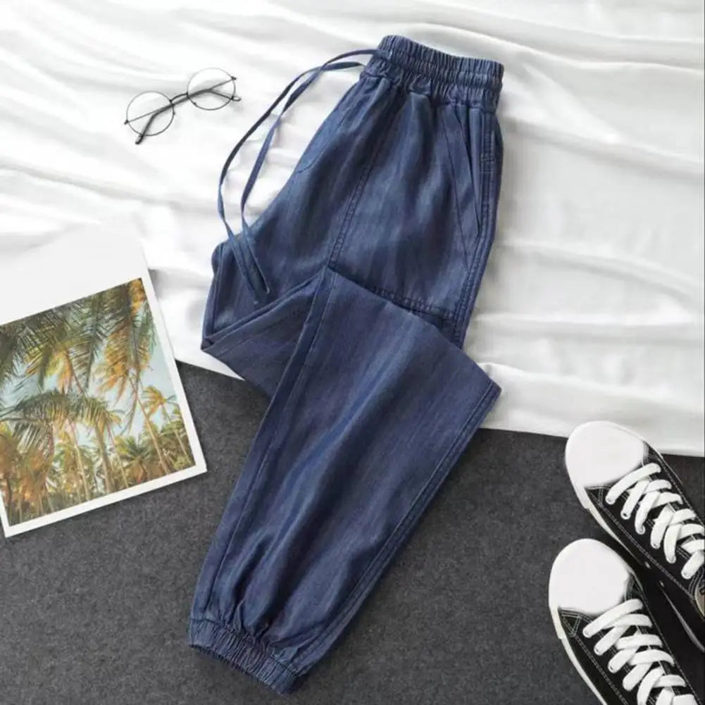 Women Summer Ice Silk Harem Pants Elastic Waist Drawstring