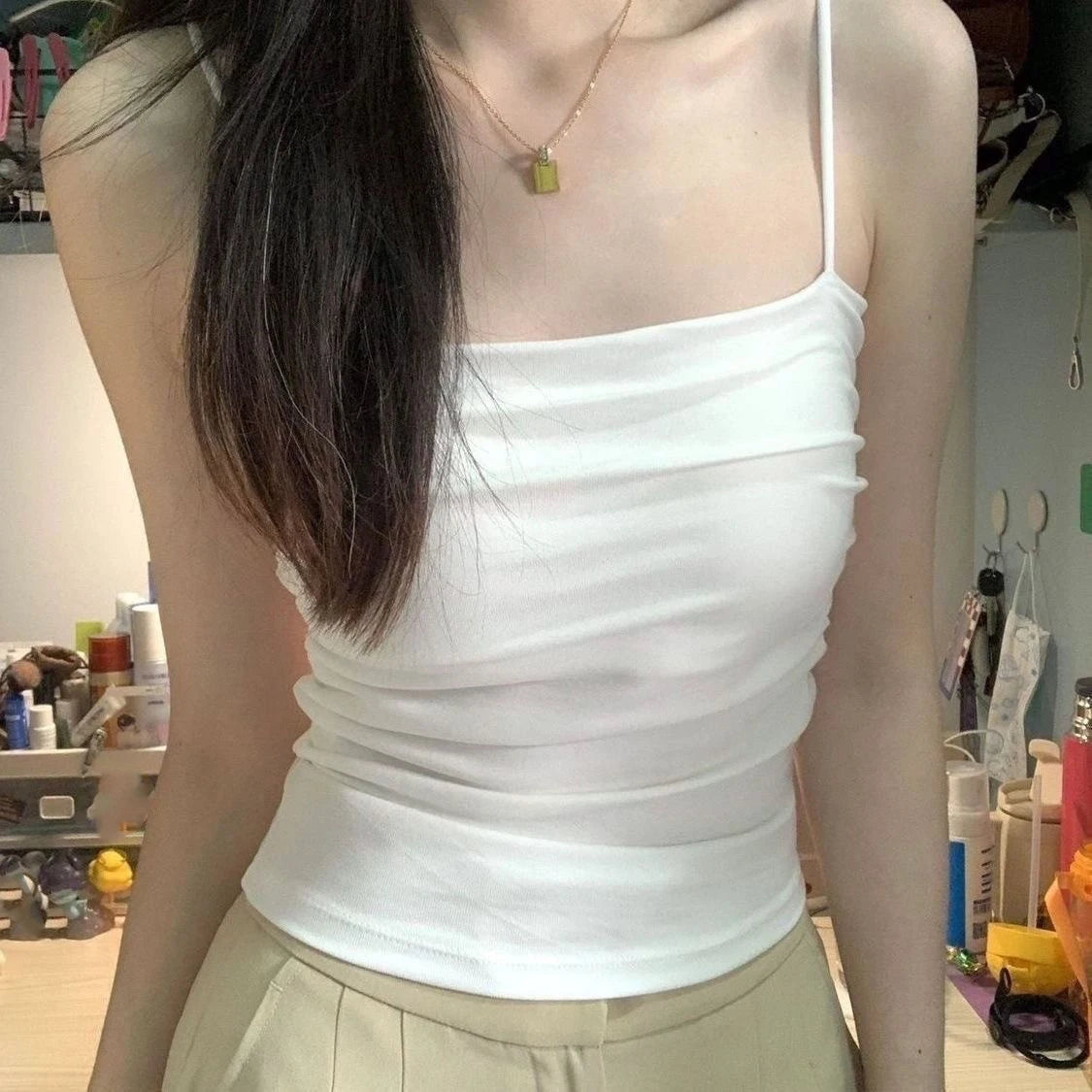 Women Summer Camisole Tank Built In Bra Spaghetti Straps