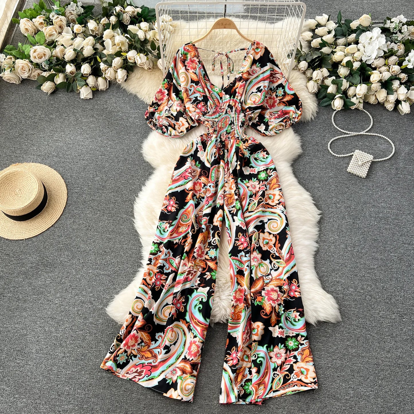 V Neck Dolman Sleeve Floral Print Jumpsuit For Women
