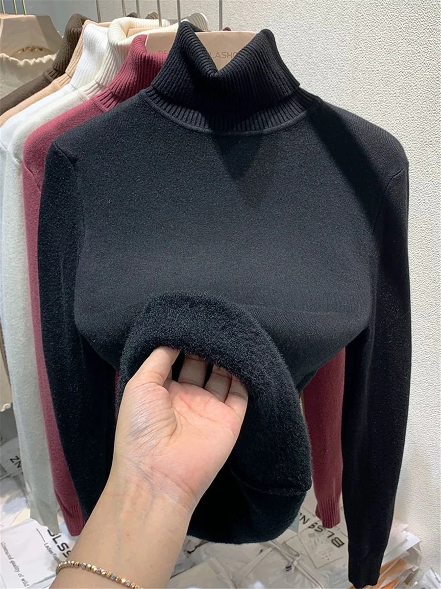 Women Turtleneck Velvet Lined Knit Sweater Thick Warm