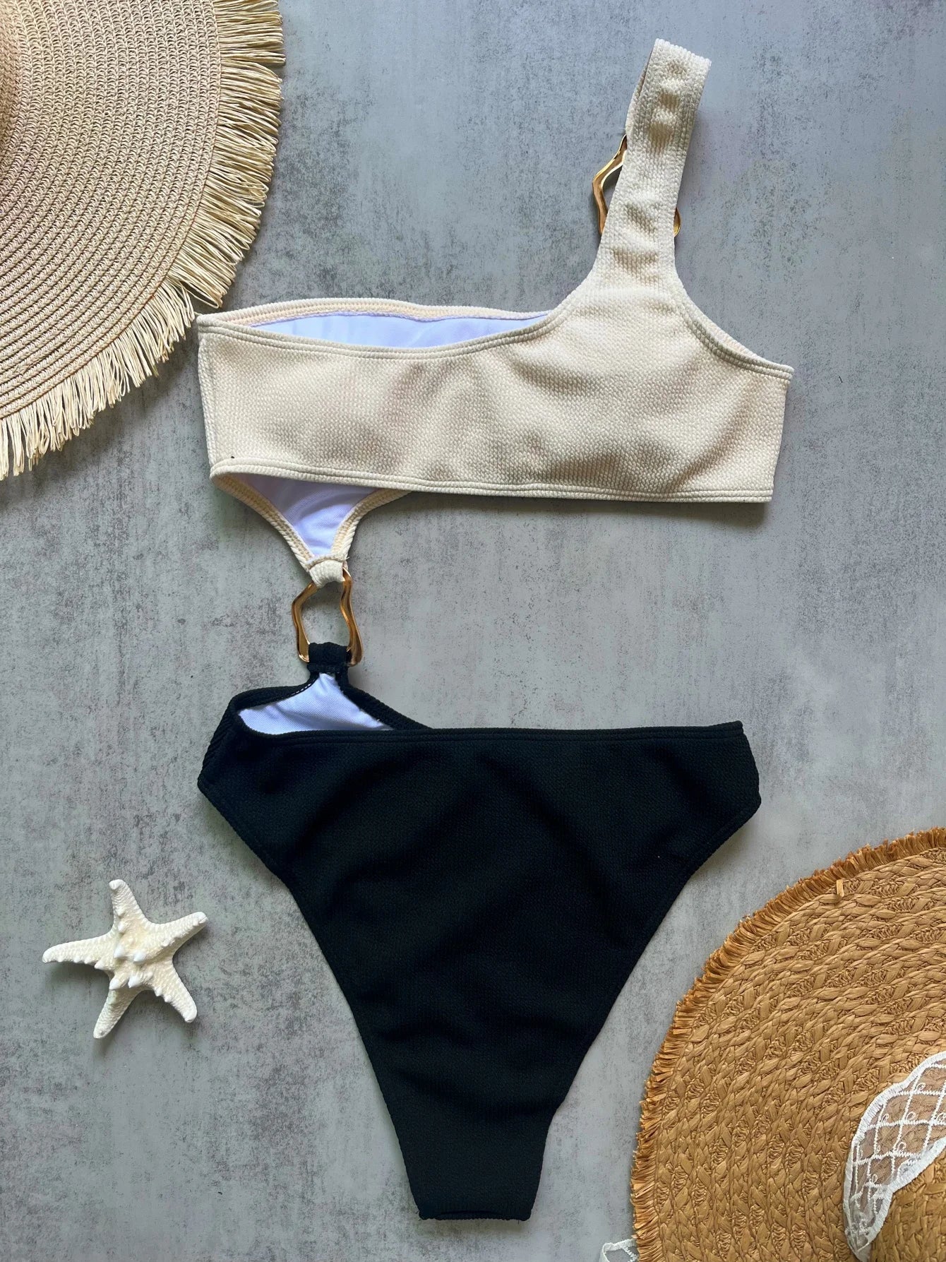 Women One Shoulder Asymmetric Swimsuit With Metal Ring