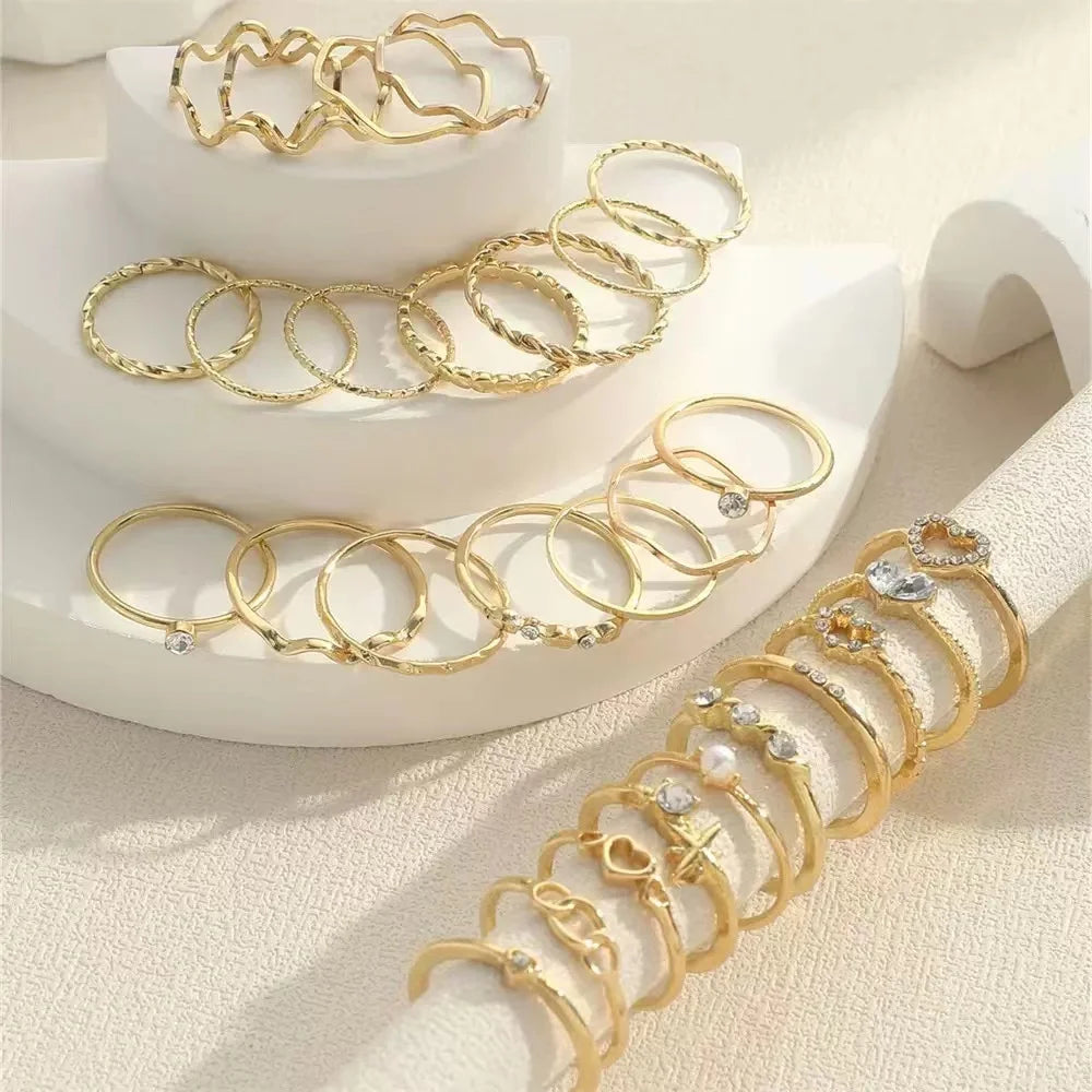 23Pcs Luxury Shiny Zircon Wave Ring Set for Daily Wear