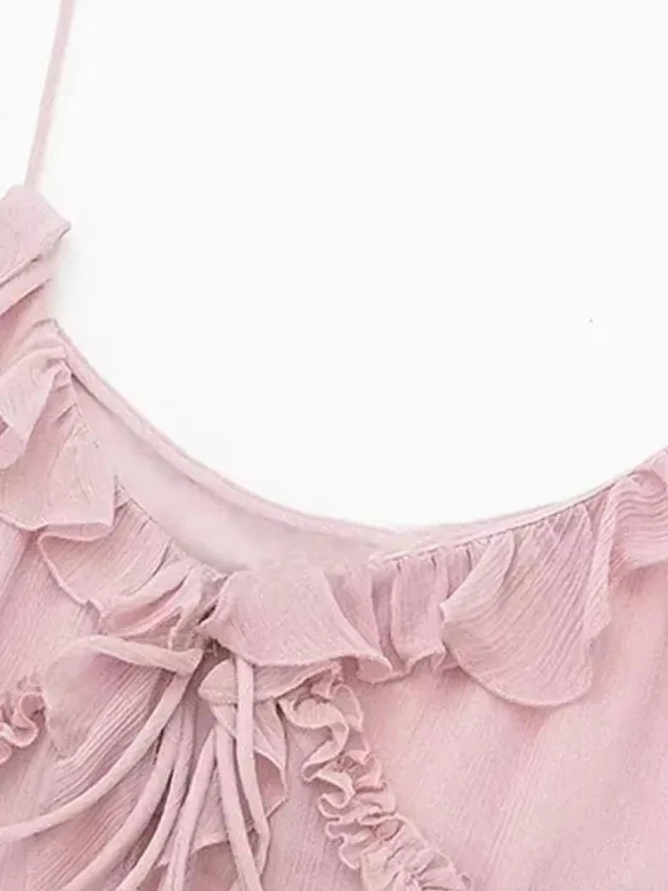 Trza Women Semi Sheer Tank Top With Ruffled Front Backless