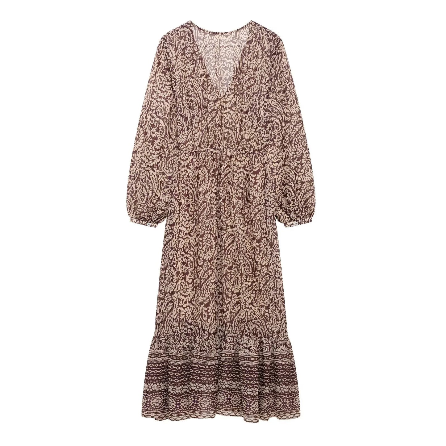 فستان ميدي بطبعة رجعية مع تصميم متدرج برقبة على شكل V