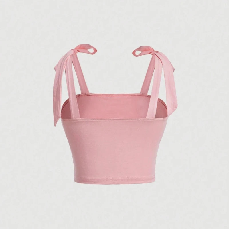 Solid Tie Shoulder Ruched Wide Strap Crop Top Pink Cami