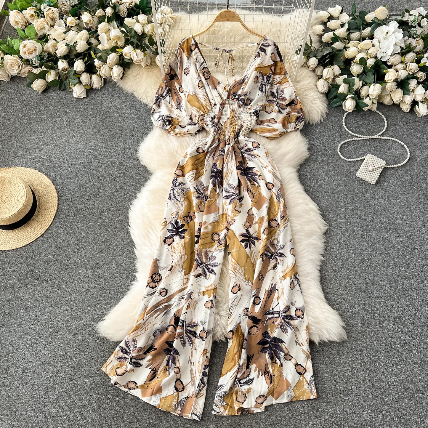 V Neck Dolman Sleeve Floral Print Jumpsuit For Women