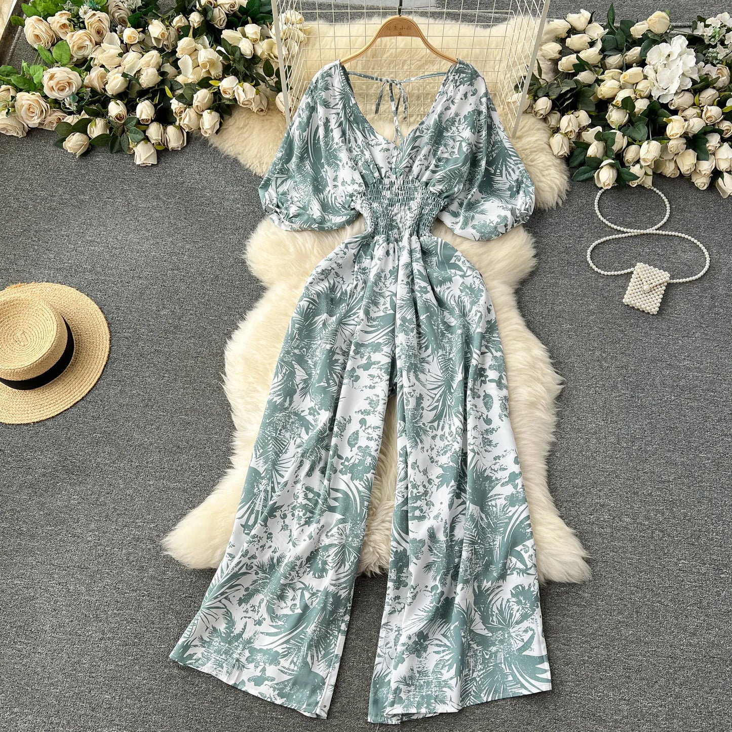 V Neck Dolman Sleeve Floral Print Jumpsuit For Women