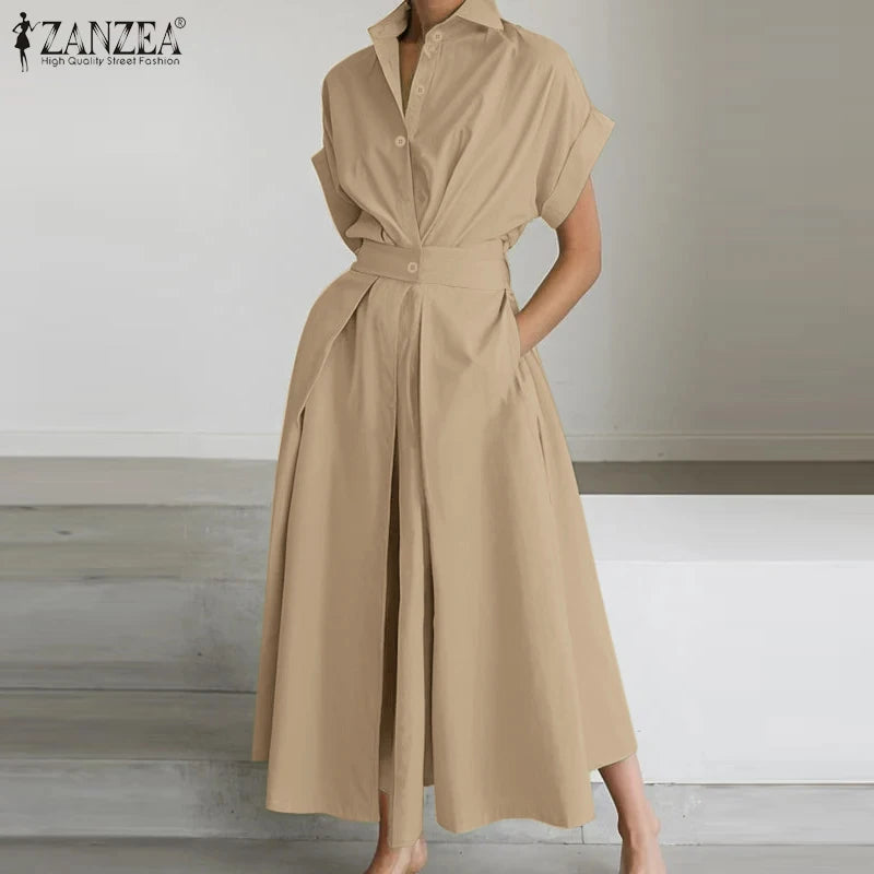 Elegant Summer Polyester Shirt Dress With High Waist Midi