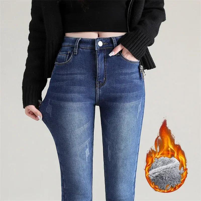 Women Thermal Skinny Jeans Winter Warm Fleece Denim Pants