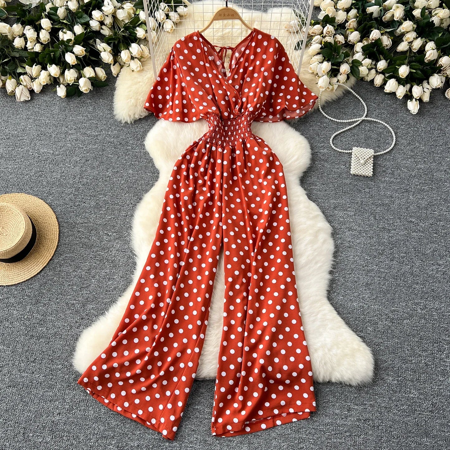 Polka Dot Women Romper V Neck High Waist Wide Leg Jumpsuit