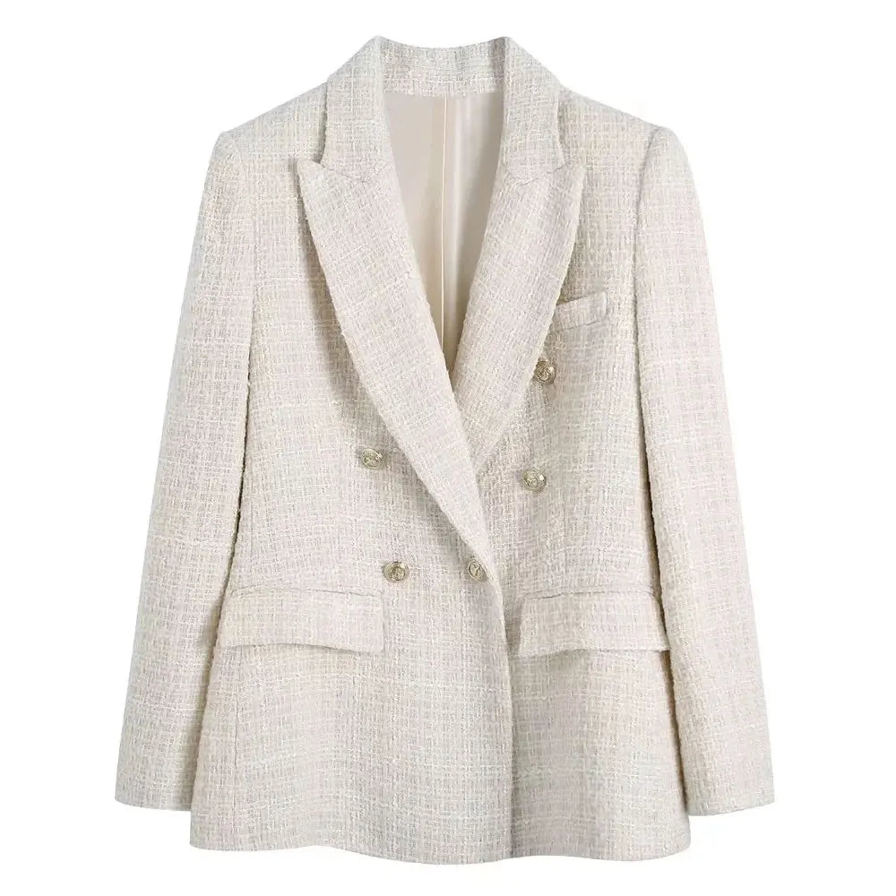 Tweed Double Breasted Blazer Coat Women Vintage Outerwear