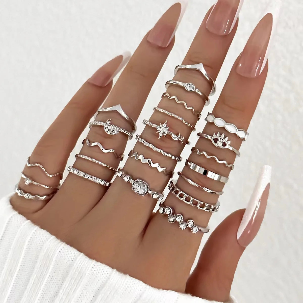 23Pcs Luxury Shiny Zircon Wave Ring Set for Daily Wear